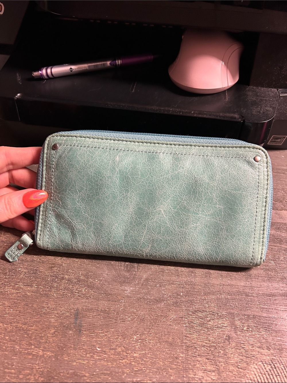 Fossil Leather Zippered Wallet in Dusty Mint Green